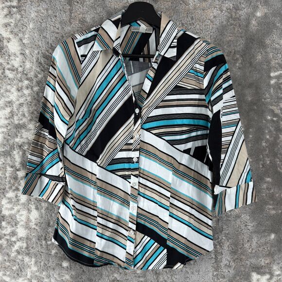 Dana Buchman Size S Abstract Striped V Neck Top 3/4 Sleeve Button Shirt Casual - Picture 1 of 10